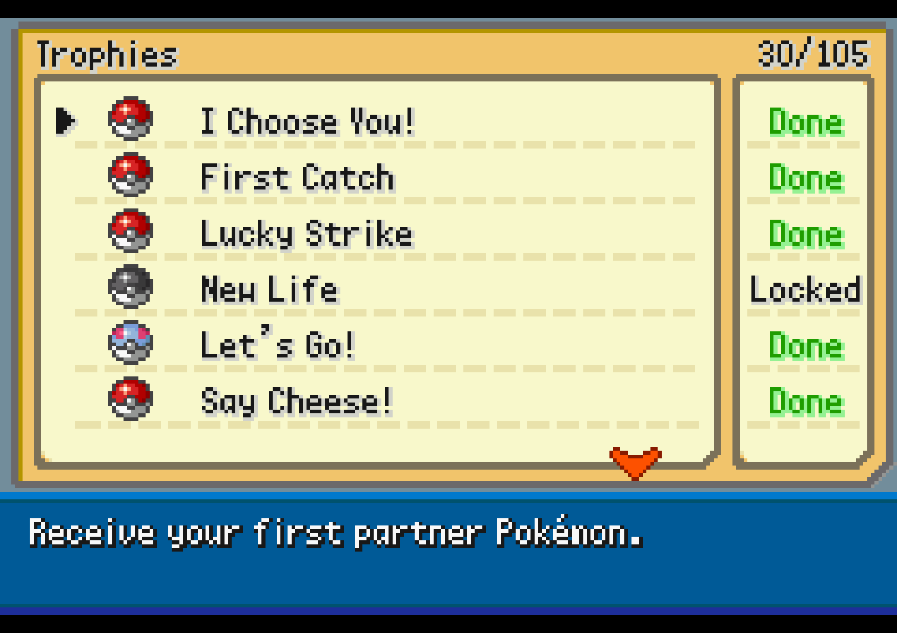 The Trophies screen in Pokémon SoulGold showing the first six trophies and a 30 of 105 counter